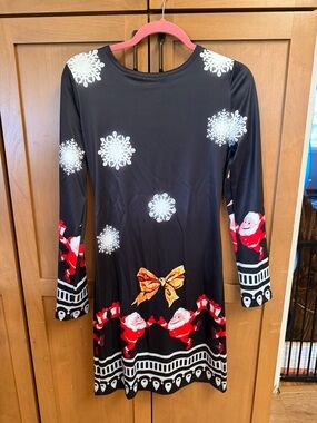 CBR Black Kids' Dress with Santa, White Snowflakes & Gold Bow